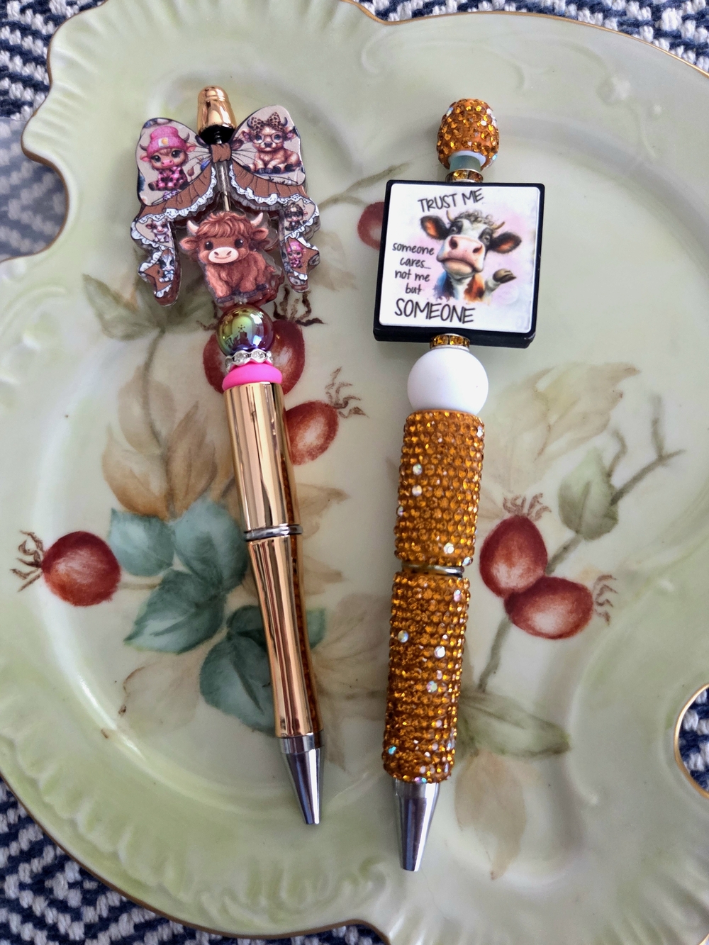 Handcrafted Decorative Pens in Gold and Orange - Cute Cow Focals